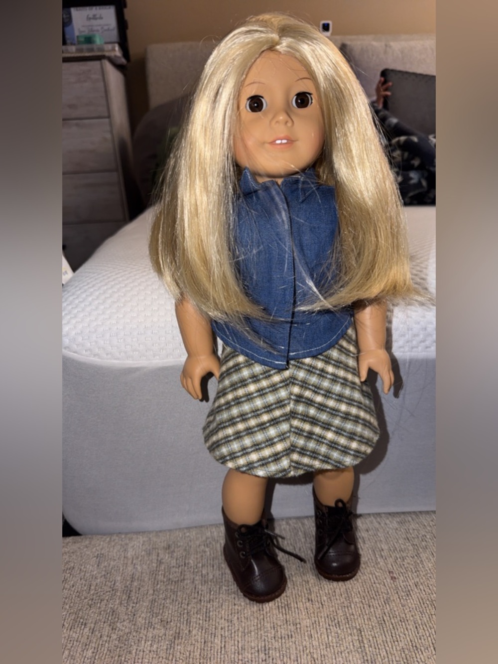 American Girl Blonde Doll with Blue Top and Plaid Skirt